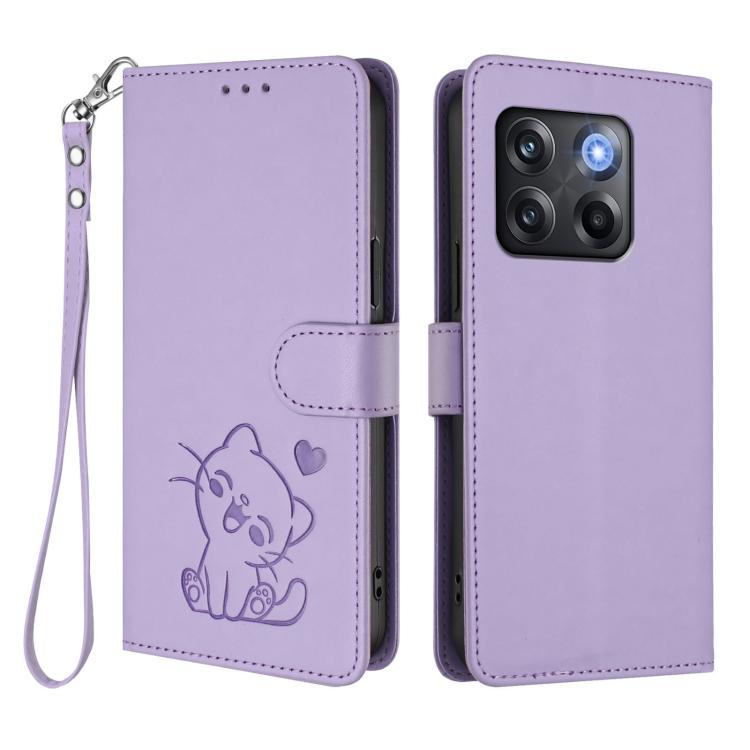 For OnePlus 10T 5G / Ace Pro 5G Embossed Heart Cat Leather Phone Case with Hand Strap