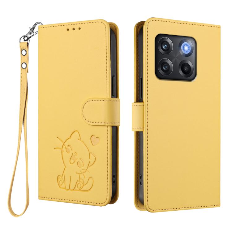 For OnePlus 10T 5G / Ace Pro 5G Embossed Heart Cat Leather Phone Case with Hand Strap
