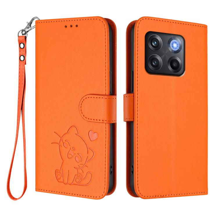 For OnePlus 10T 5G / Ace Pro 5G Embossed Heart Cat Leather Phone Case with Hand Strap
