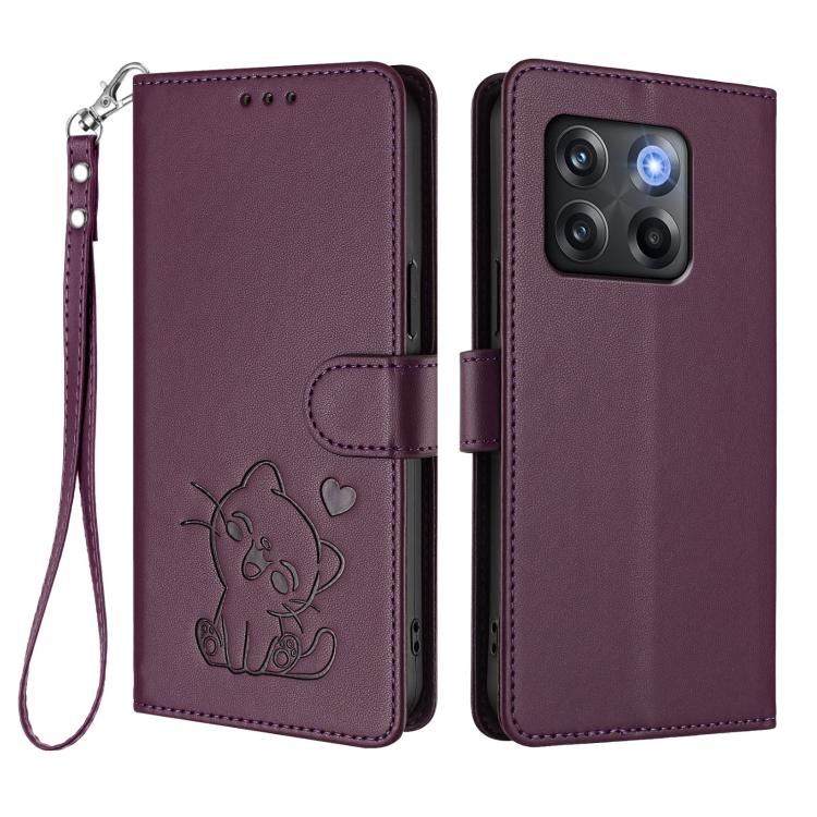 For OnePlus 10T 5G / Ace Pro 5G Embossed Heart Cat Leather Phone Case with Hand Strap