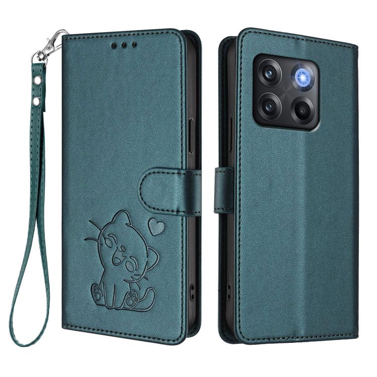 For OnePlus 10T 5G / Ace Pro 5G Embossed Heart Cat Leather Phone Case with Hand Strap