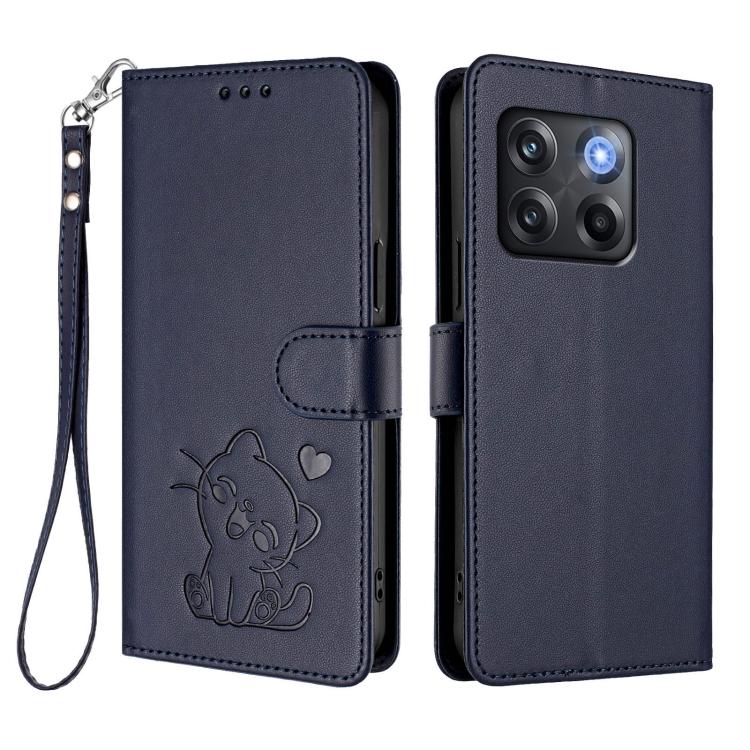 For OnePlus 10T 5G / Ace Pro 5G Embossed Heart Cat Leather Phone Case with Hand Strap