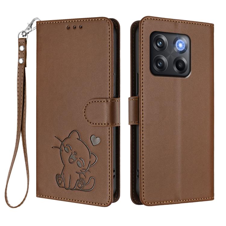 For OnePlus 10T 5G / Ace Pro 5G Embossed Heart Cat Leather Phone Case with Hand Strap