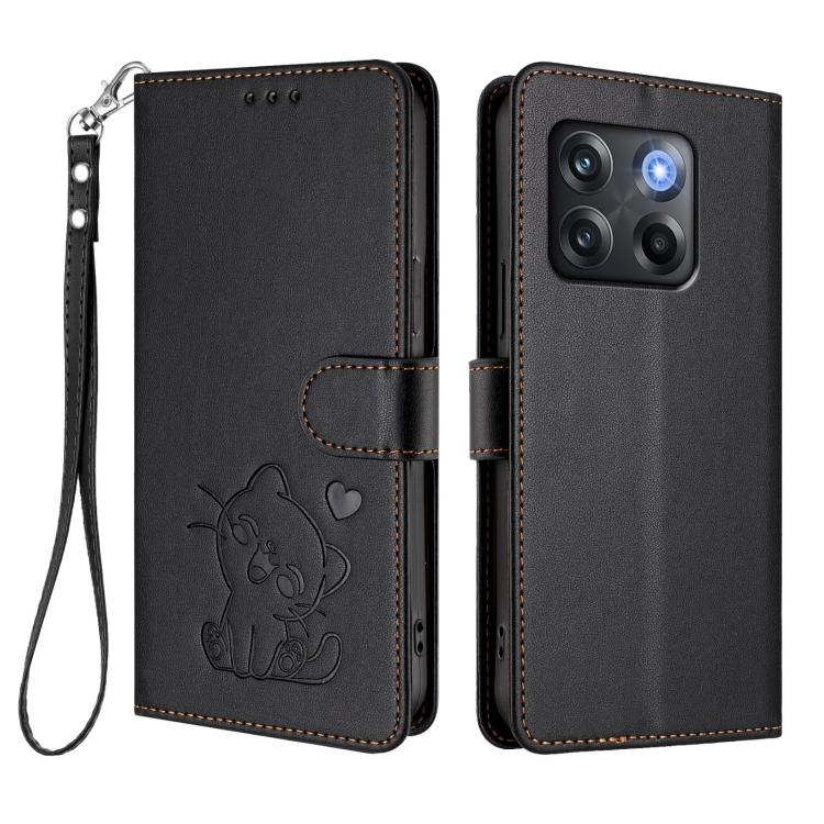 For OnePlus 10T 5G / Ace Pro 5G Embossed Heart Cat Leather Phone Case with Hand Strap