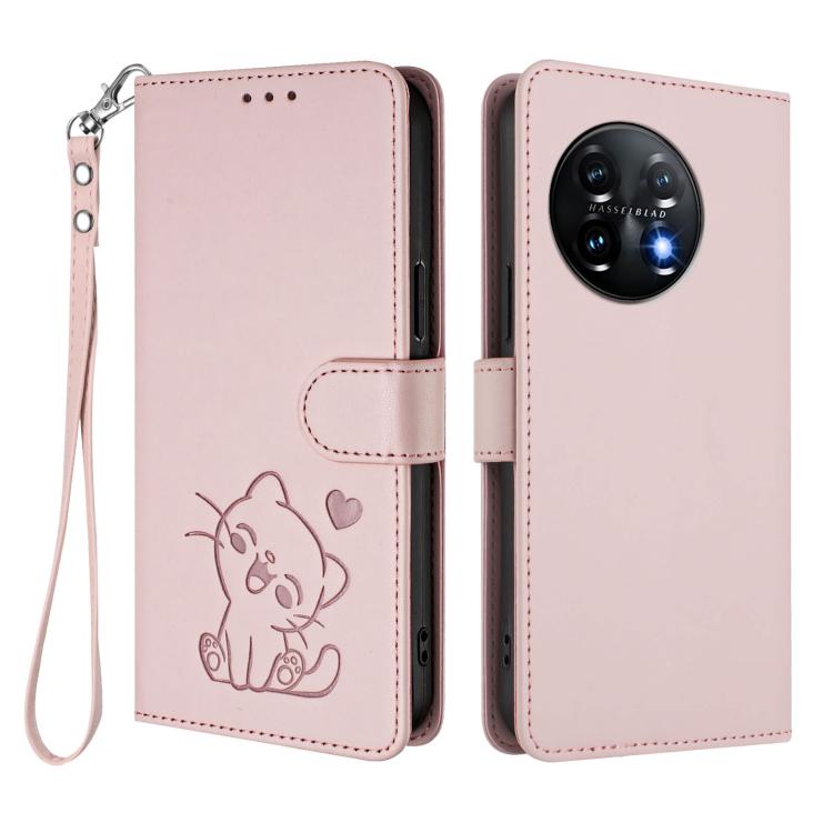 For OnePlus 11 Embossed Heart Cat Leather Phone Case with Hand Strap