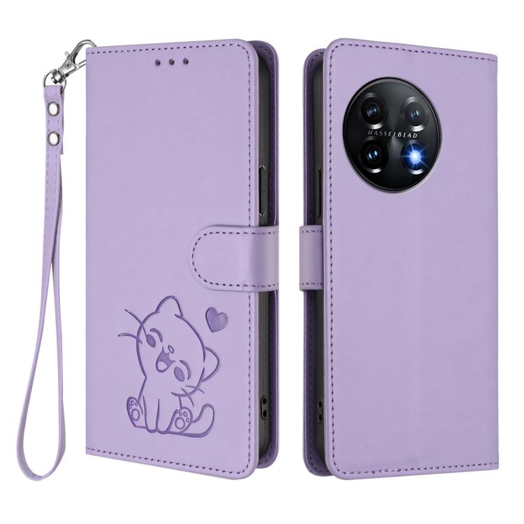 For OnePlus 11 Embossed Heart Cat Leather Phone Case with Hand Strap