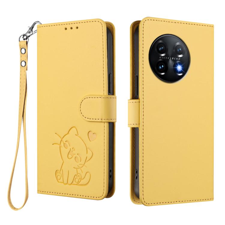 For OnePlus 11 Embossed Heart Cat Leather Phone Case with Hand Strap