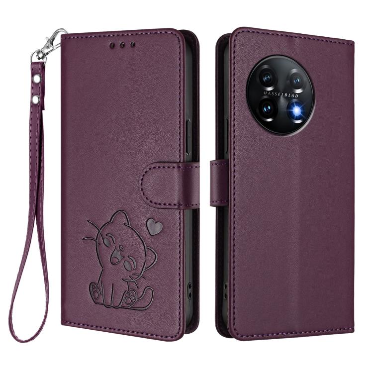For OnePlus 11 Embossed Heart Cat Leather Phone Case with Hand Strap