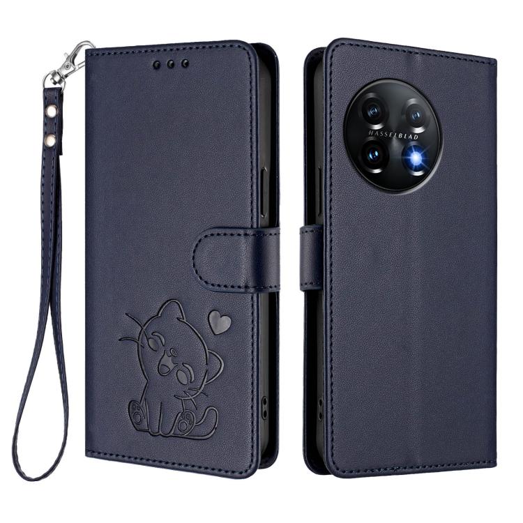 For OnePlus 11 Embossed Heart Cat Leather Phone Case with Hand Strap