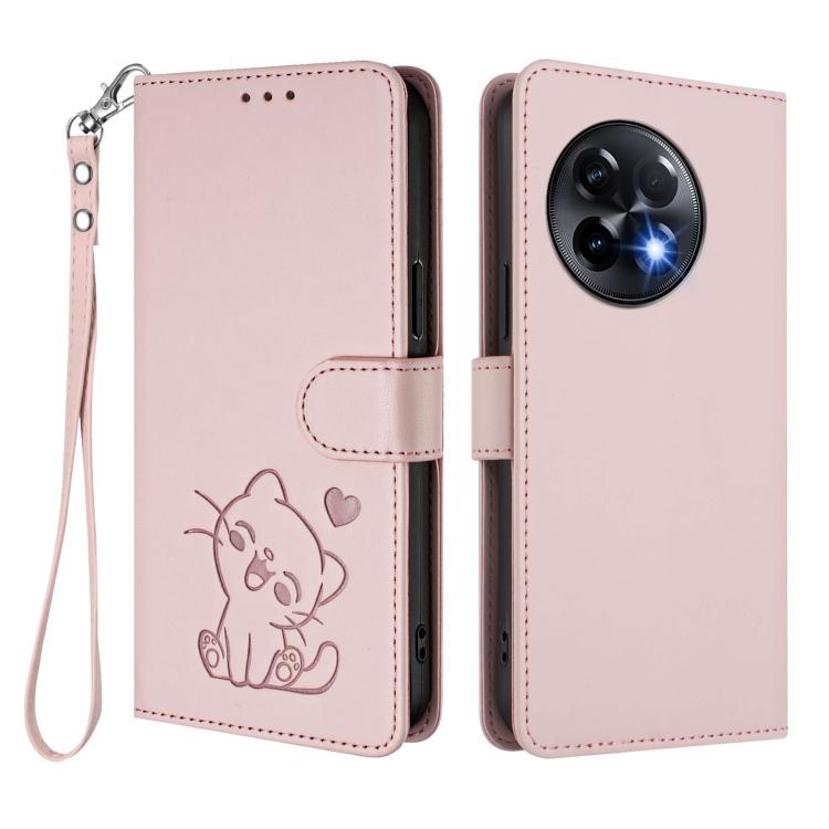 For OnePlus 11R 5G / Ace 2 5G Embossed Heart Cat Leather Phone Case with Hand Strap