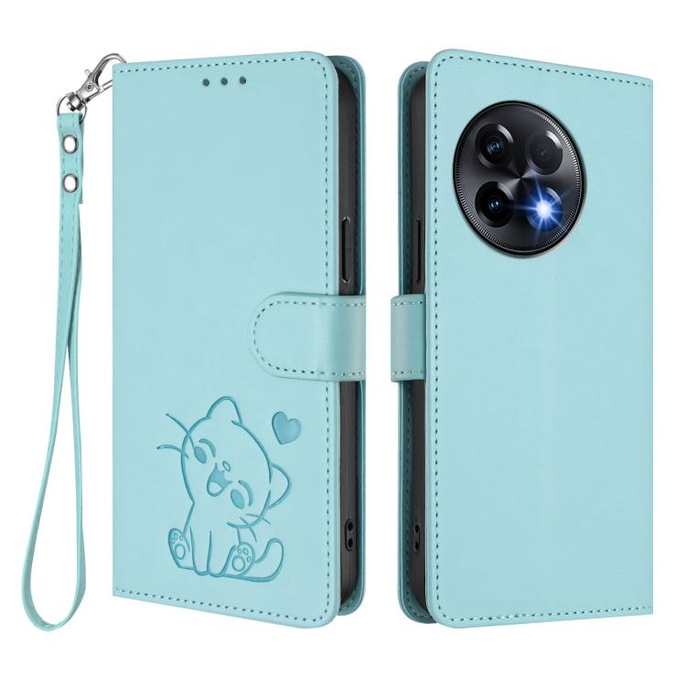 For OnePlus 11R 5G / Ace 2 5G Embossed Heart Cat Leather Phone Case with Hand Strap