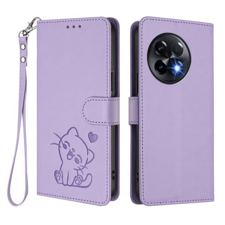 For OnePlus 11R 5G / Ace 2 5G Embossed Heart Cat Leather Phone Case with Hand Strap