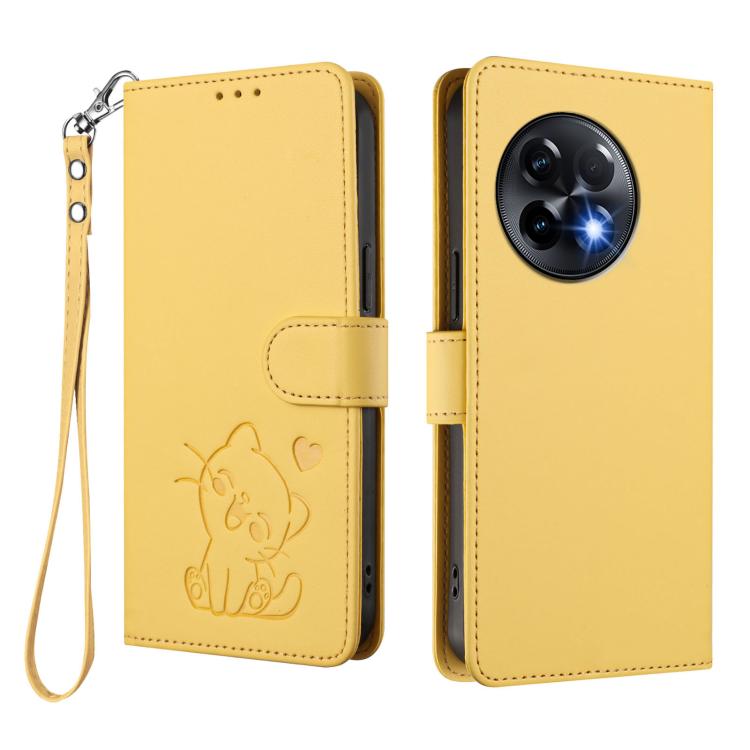 For OnePlus 11R 5G / Ace 2 5G Embossed Heart Cat Leather Phone Case with Hand Strap