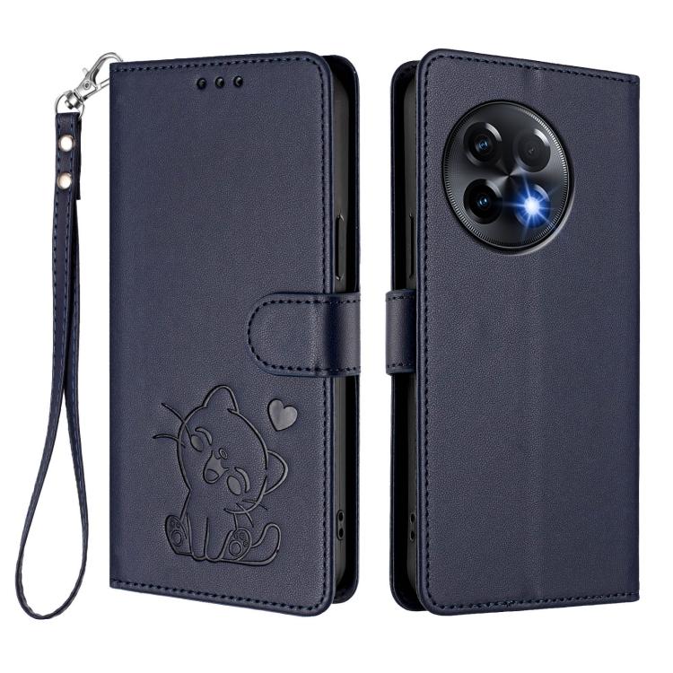 For OnePlus 11R 5G / Ace 2 5G Embossed Heart Cat Leather Phone Case with Hand Strap