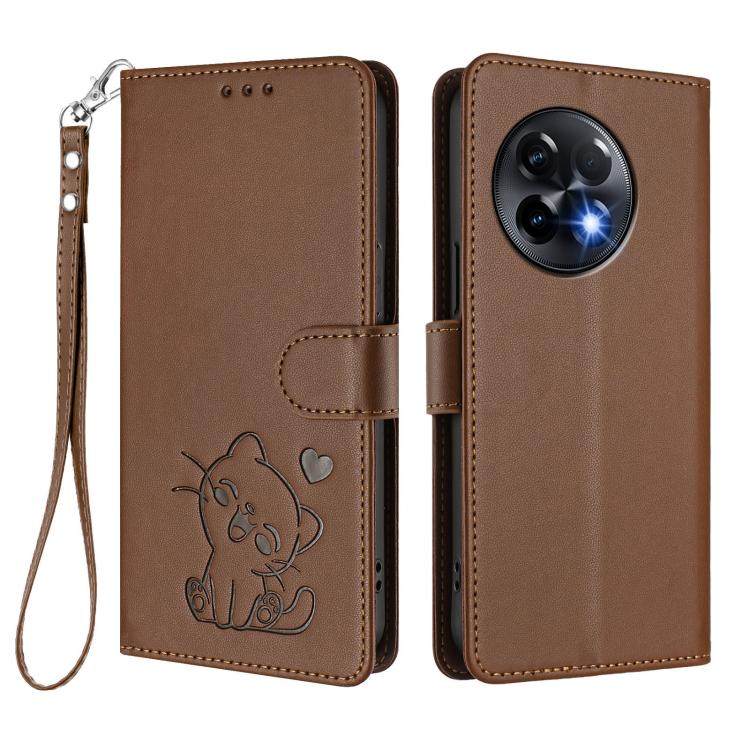 For OnePlus 11R 5G / Ace 2 5G Embossed Heart Cat Leather Phone Case with Hand Strap