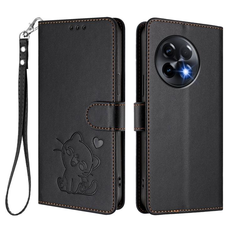 For OnePlus 11R 5G / Ace 2 5G Embossed Heart Cat Leather Phone Case with Hand Strap