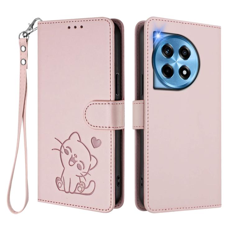 For OnePlus 12 5G Embossed Heart Cat Leather Phone Case with Hand Strap