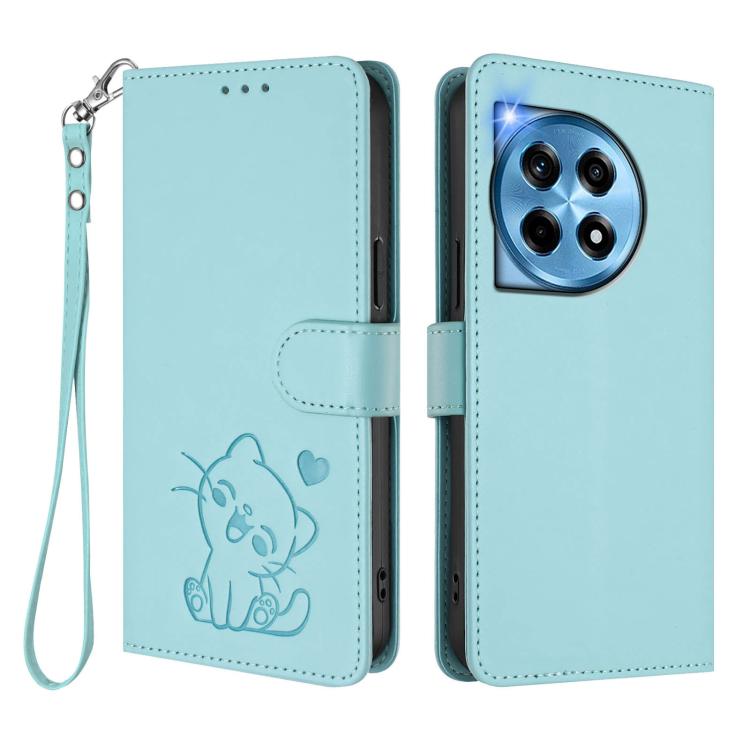 For OnePlus 12 5G Embossed Heart Cat Leather Phone Case with Hand Strap