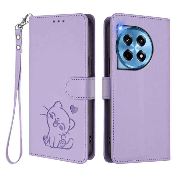 For OnePlus 12 5G Embossed Heart Cat Leather Phone Case with Hand Strap