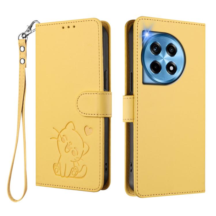 For OnePlus 12 5G Embossed Heart Cat Leather Phone Case with Hand Strap