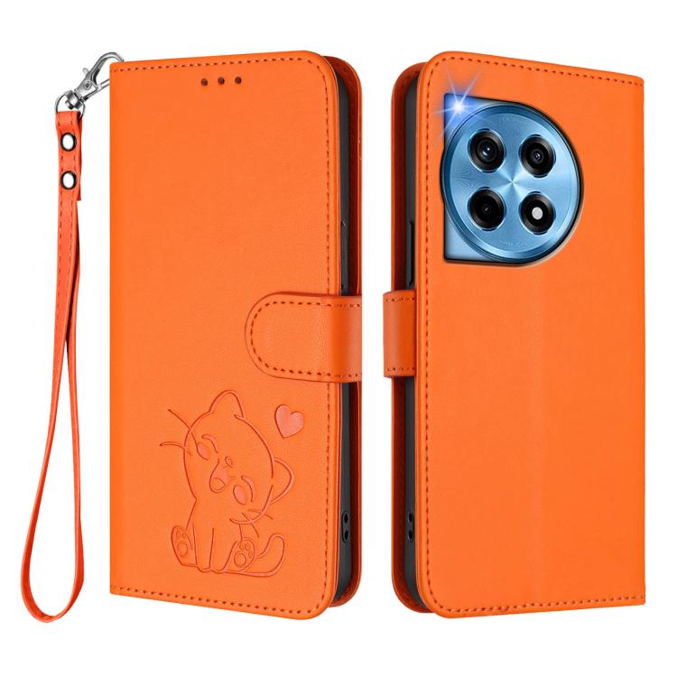 For OnePlus 12 5G Embossed Heart Cat Leather Phone Case with Hand Strap