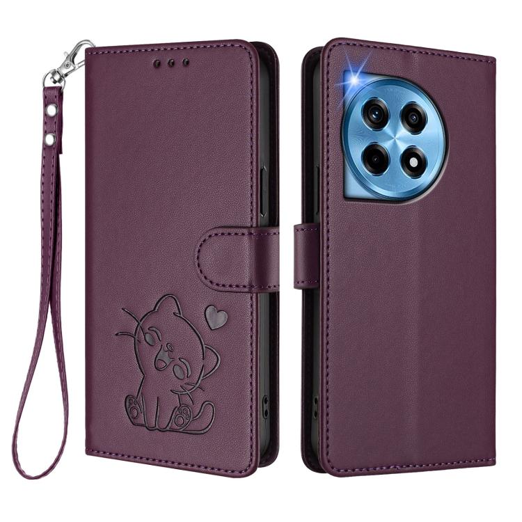 For OnePlus 12 5G Embossed Heart Cat Leather Phone Case with Hand Strap
