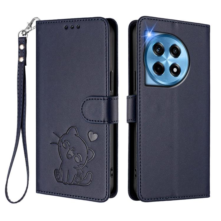 For OnePlus 12 5G Embossed Heart Cat Leather Phone Case with Hand Strap