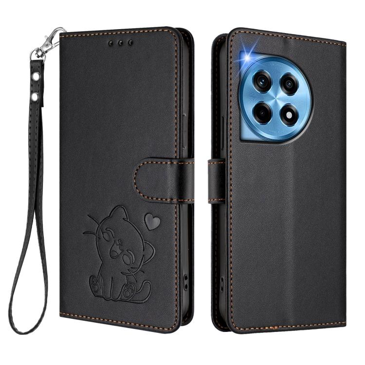 For OnePlus 12 5G Embossed Heart Cat Leather Phone Case with Hand Strap