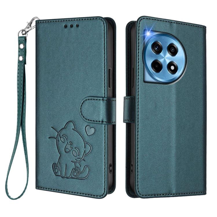 For OnePlus 12R 5G / Ace 3 5G Embossed Heart Cat Leather Phone Case with Hand Strap
