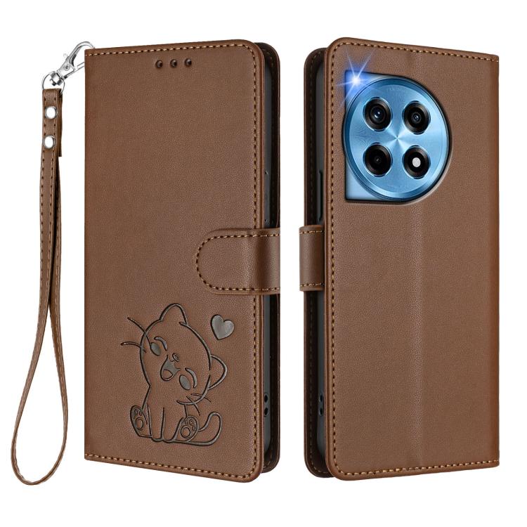 For OnePlus 12R 5G / Ace 3 5G Embossed Heart Cat Leather Phone Case with Hand Strap