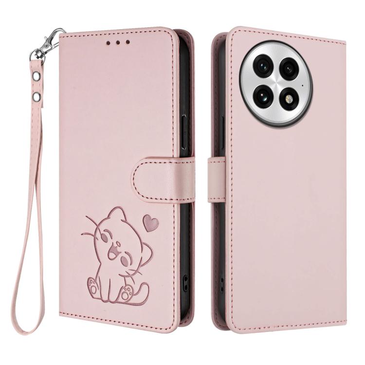 For OnePlus 13 Embossed Heart Cat Leather Phone Case with Hand Strap