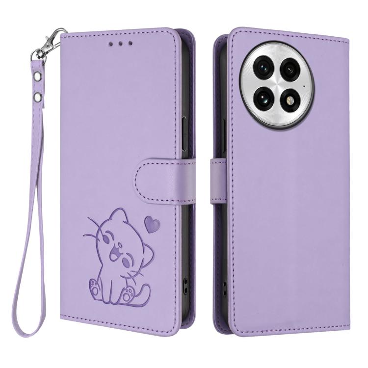 For OnePlus 13 Embossed Heart Cat Leather Phone Case with Hand Strap