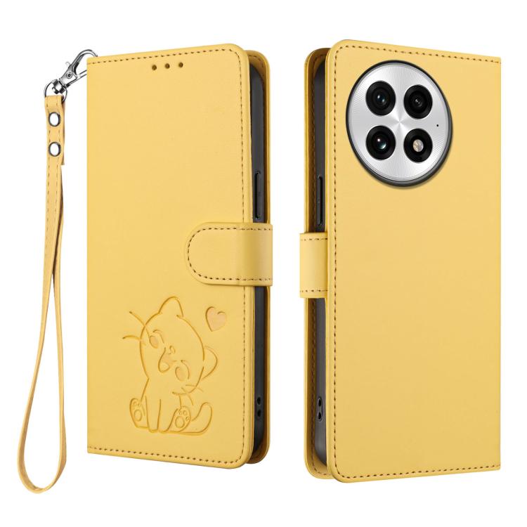 For OnePlus 13 Embossed Heart Cat Leather Phone Case with Hand Strap