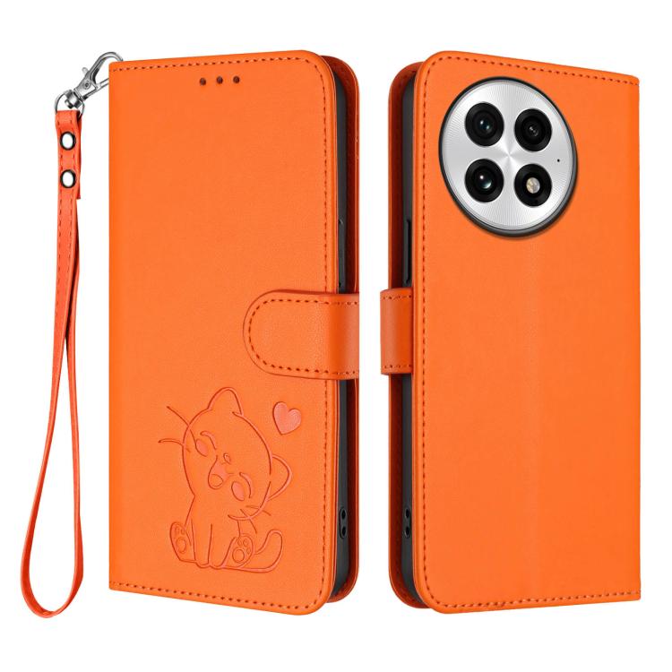 For OnePlus 13 Embossed Heart Cat Leather Phone Case with Hand Strap