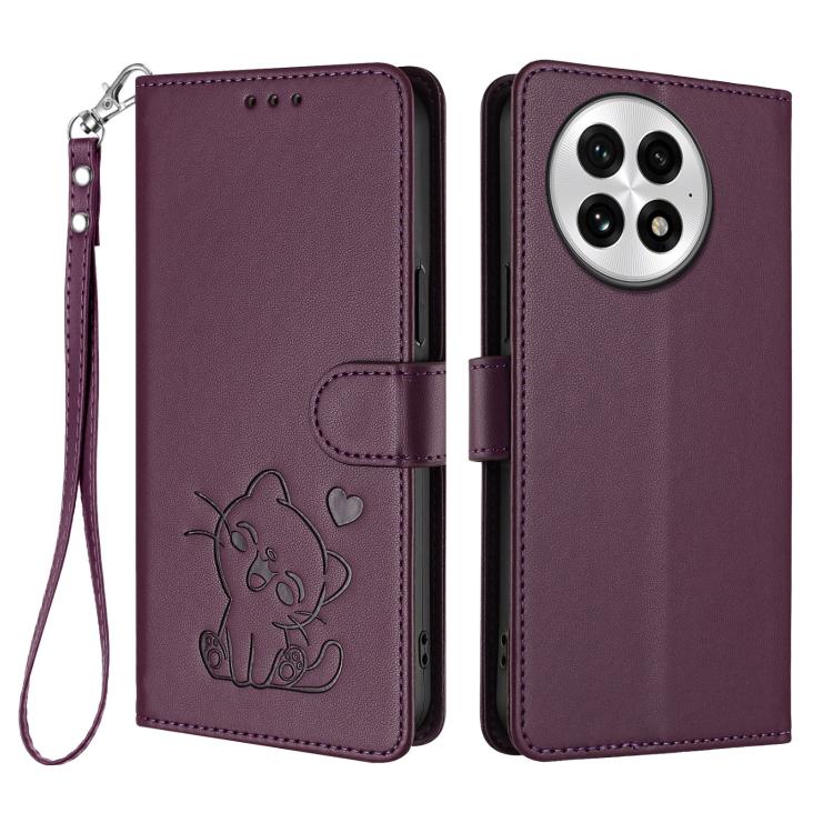 For OnePlus 13 Embossed Heart Cat Leather Phone Case with Hand Strap