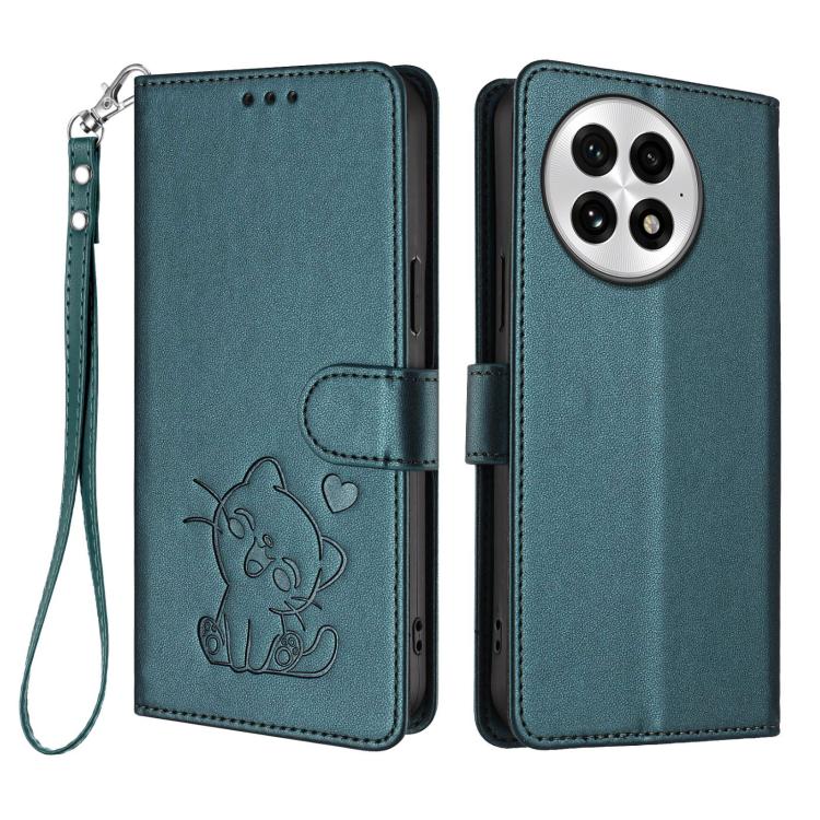 For OnePlus 13 Embossed Heart Cat Leather Phone Case with Hand Strap