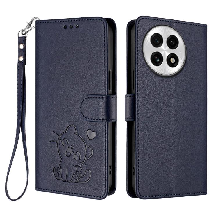 For OnePlus 13 Embossed Heart Cat Leather Phone Case with Hand Strap