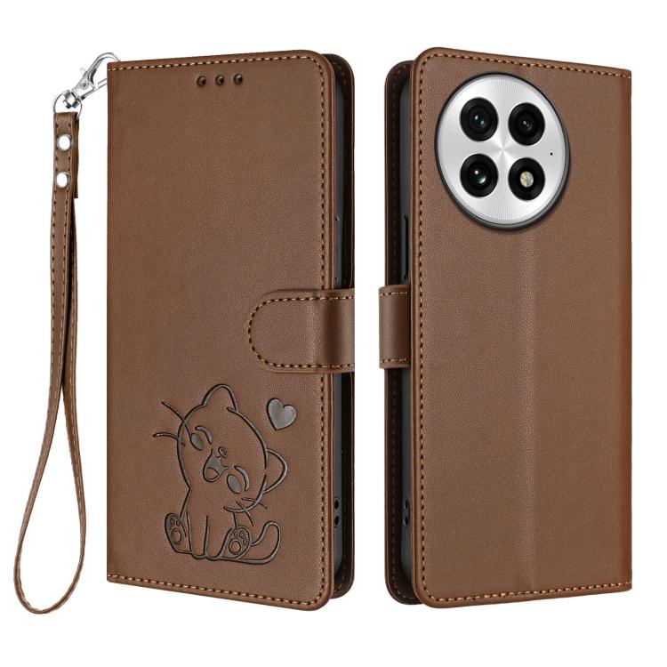 For OnePlus 13 Embossed Heart Cat Leather Phone Case with Hand Strap