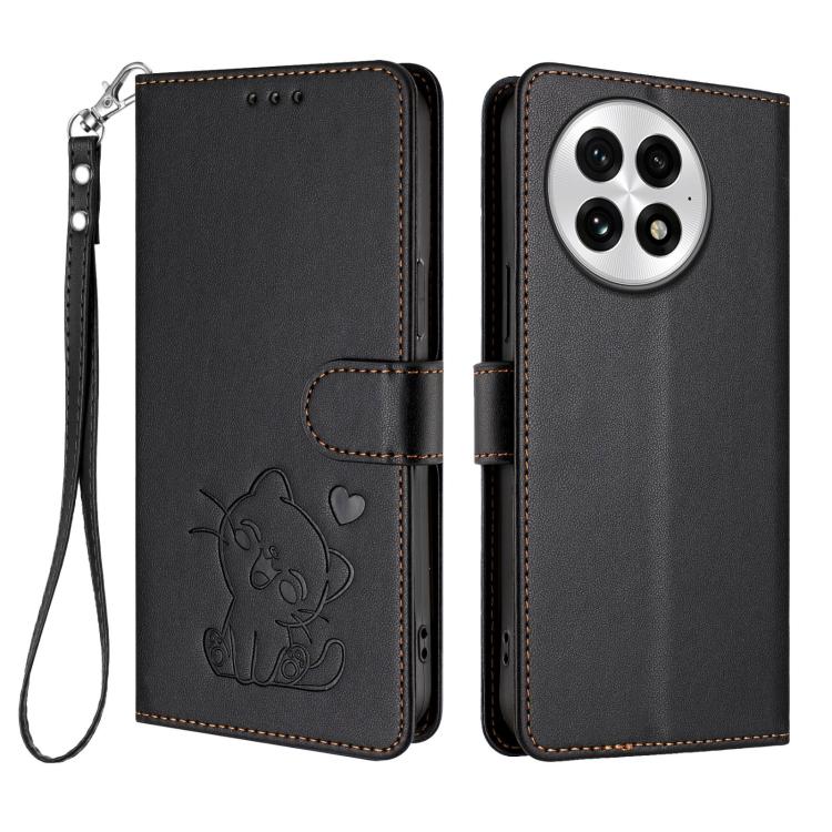 For OnePlus 13 Embossed Heart Cat Leather Phone Case with Hand Strap