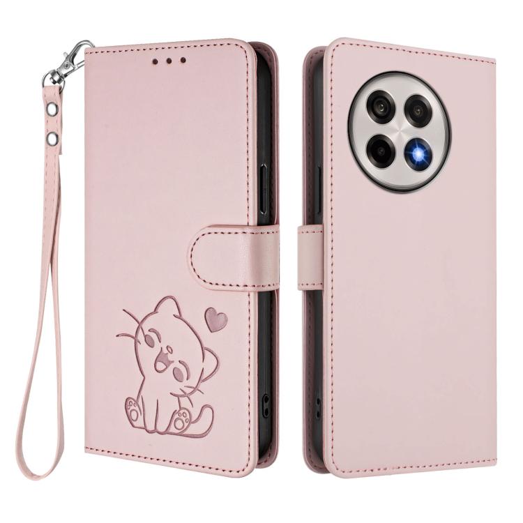 For OnePlus 13R / Ace 5 Pro / Ace 5 Embossed Heart Cat Leather Phone Case with Hand Strap