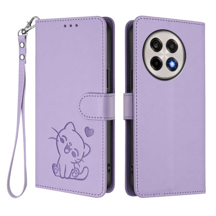 For OnePlus 13R / Ace 5 Pro / Ace 5 Embossed Heart Cat Leather Phone Case with Hand Strap