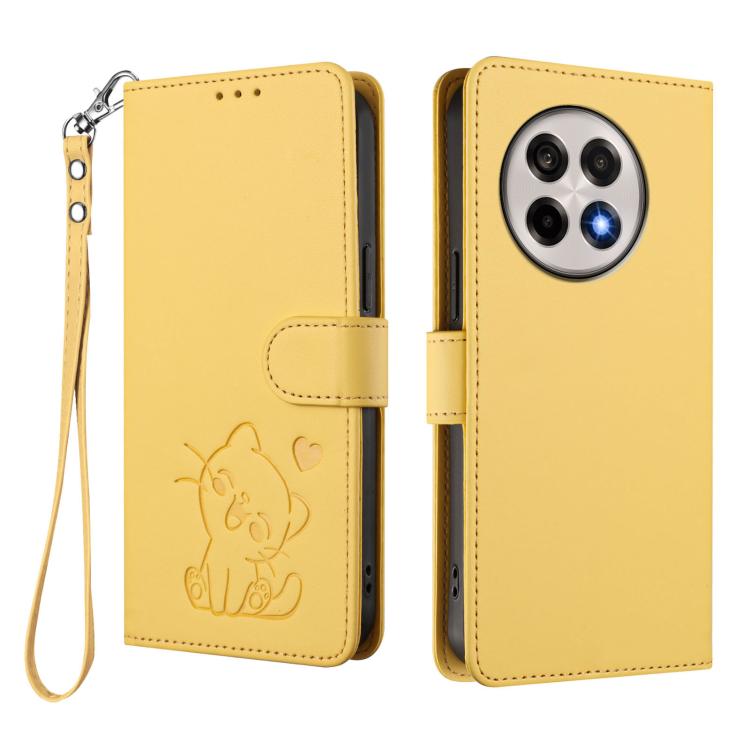 For OnePlus 13R / Ace 5 Pro / Ace 5 Embossed Heart Cat Leather Phone Case with Hand Strap
