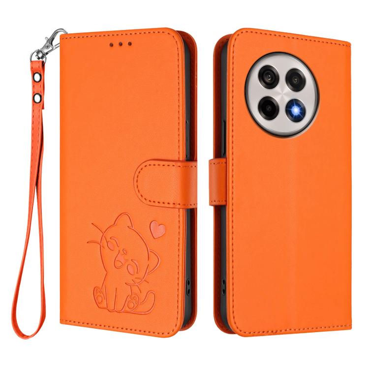 For OnePlus 13R / Ace 5 Pro / Ace 5 Embossed Heart Cat Leather Phone Case with Hand Strap