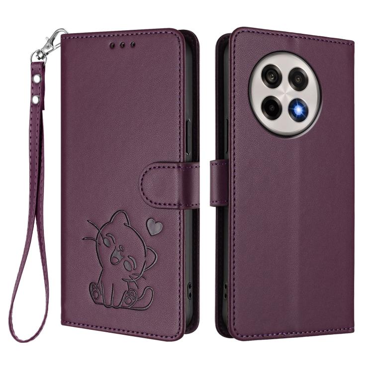 For OnePlus 13R / Ace 5 Pro / Ace 5 Embossed Heart Cat Leather Phone Case with Hand Strap