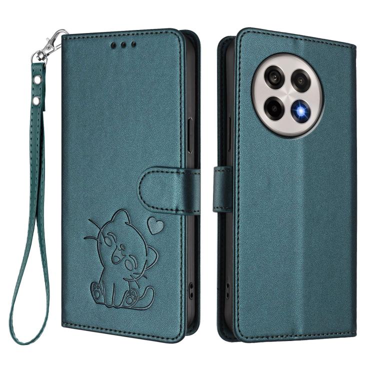 For OnePlus 13R / Ace 5 Pro / Ace 5 Embossed Heart Cat Leather Phone Case with Hand Strap