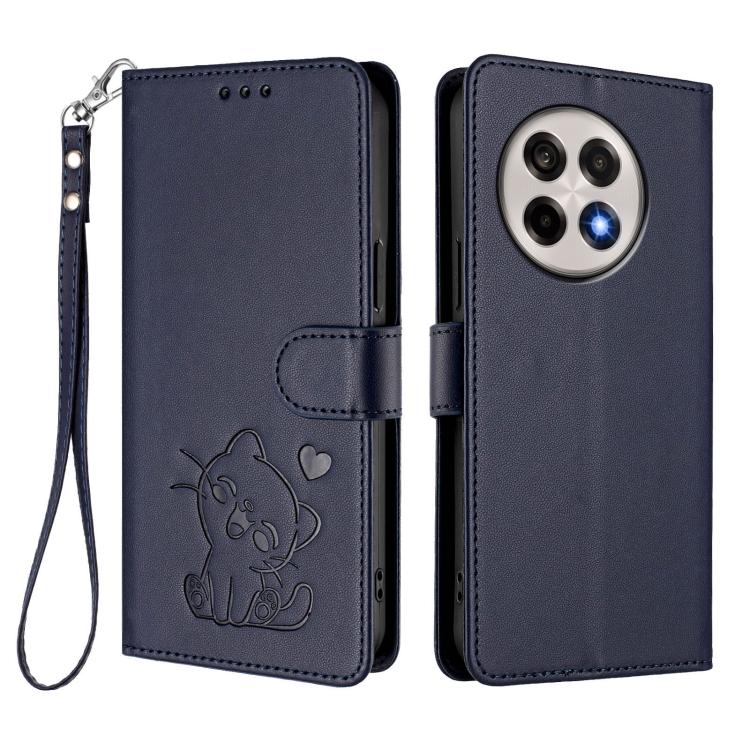 For OnePlus 13R / Ace 5 Pro / Ace 5 Embossed Heart Cat Leather Phone Case with Hand Strap