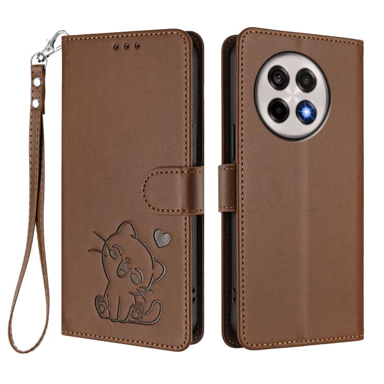 For OnePlus 13R / Ace 5 Pro / Ace 5 Embossed Heart Cat Leather Phone Case with Hand Strap