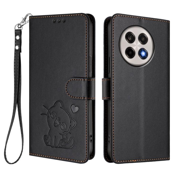 For OnePlus 13R / Ace 5 Pro / Ace 5 Embossed Heart Cat Leather Phone Case with Hand Strap