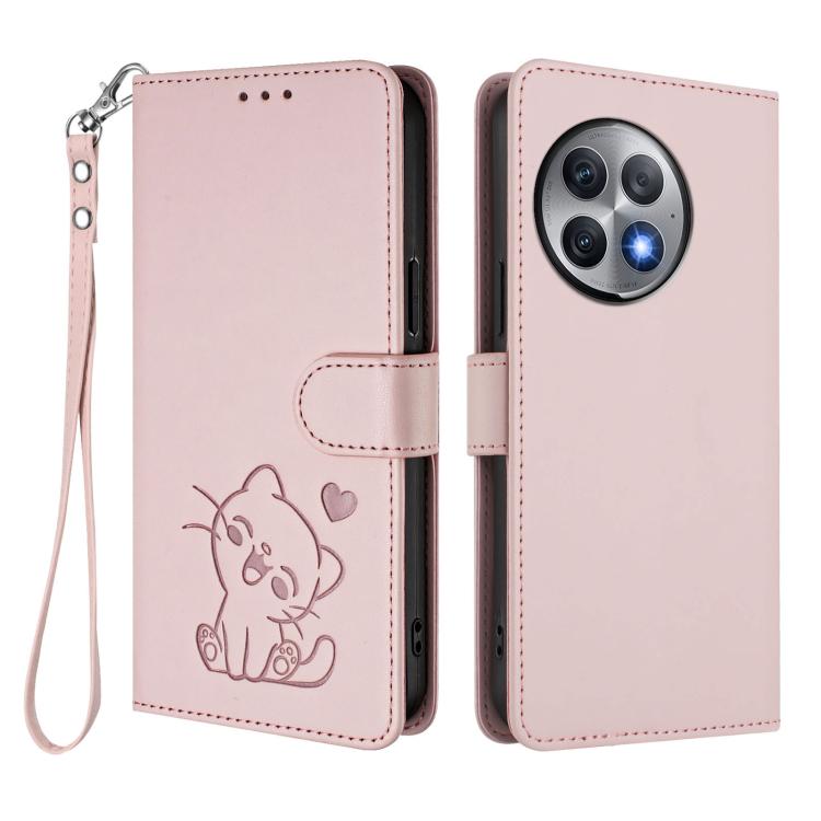 For OnePlus Ace 2 Pro 5G Embossed Heart Cat Leather Phone Case with Hand Strap