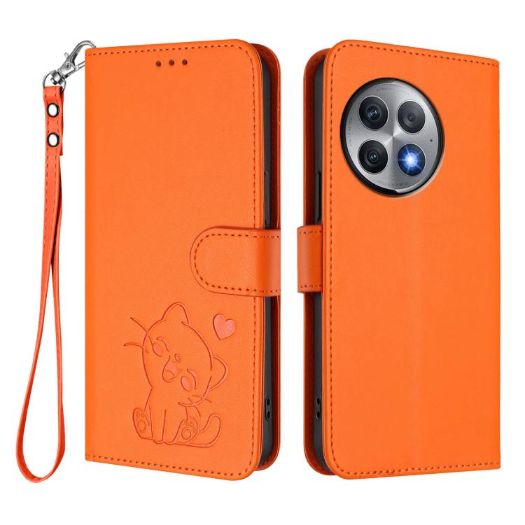 For OnePlus Ace 2 Pro 5G Embossed Heart Cat Leather Phone Case with Hand Strap